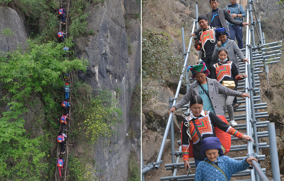 “懸崖村”今昔對比：左圖為2016年5月14日，孩子們在家長保護(hù)下攀爬木梯回家。右圖為2020年5月13日，昭覺縣支爾莫鄉(xiāng)阿土列爾村村民帶著行李通過鋼梯下山，搬遷至易地扶貧集中安置點(diǎn)的新家。